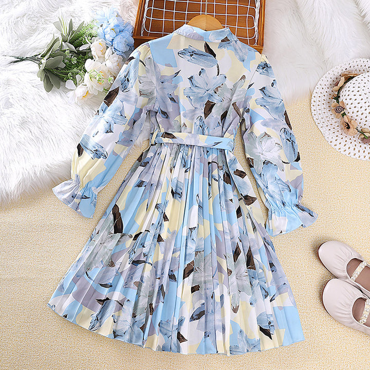 Blue Girls Floral Printed Shirt Collar Bell Sleeves Pleated Shirt Midi Dress
