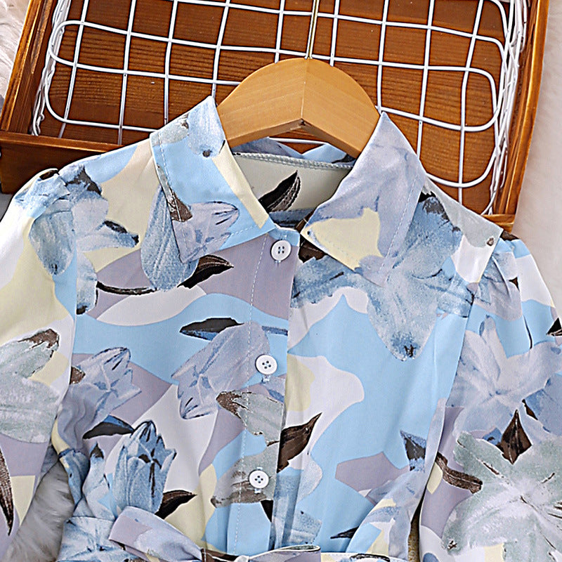 Blue Girls Floral Printed Shirt Collar Bell Sleeves Pleated Shirt Midi Dress