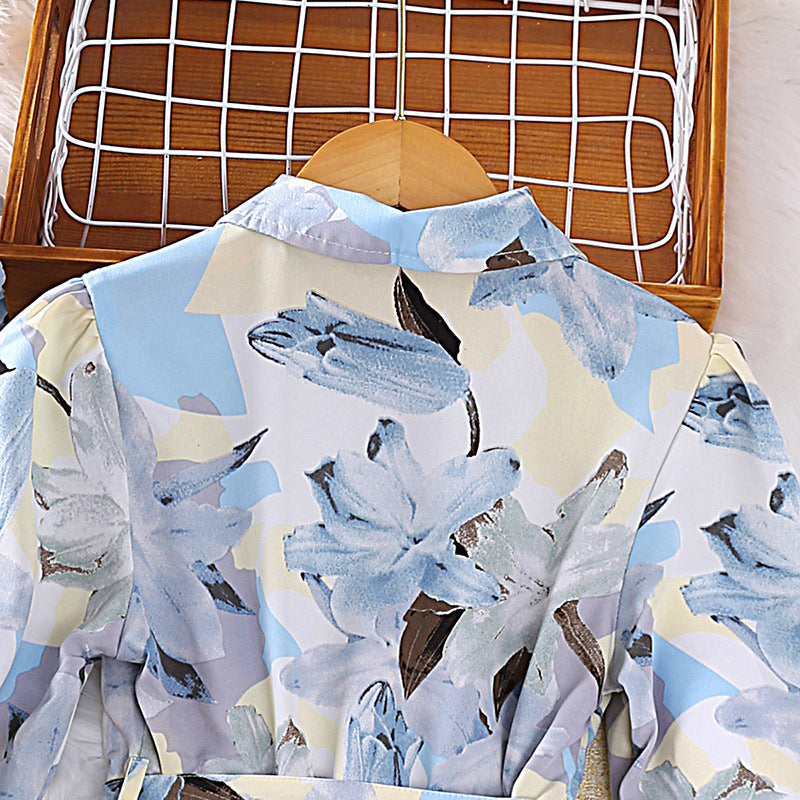 Blue Girls Floral Printed Shirt Collar Bell Sleeves Pleated Shirt Midi Dress