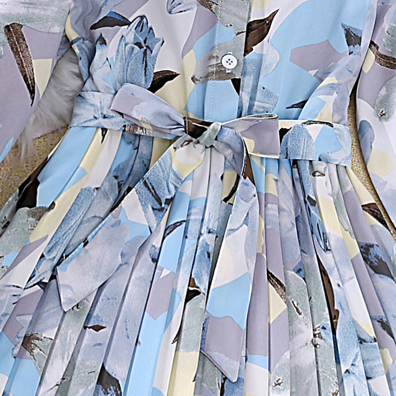 Blue Girls Floral Printed Shirt Collar Bell Sleeves Pleated Shirt Midi Dress