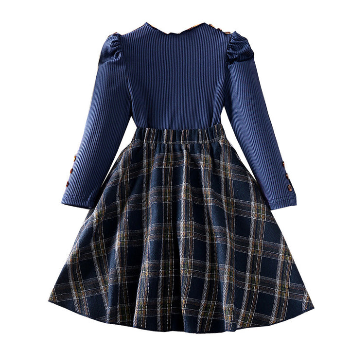 Girls Navy Blue & White Ribbed Round Neck Top with Skirt