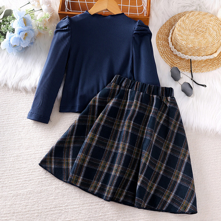Girls Navy Blue & White Ribbed Round Neck Top with Skirt