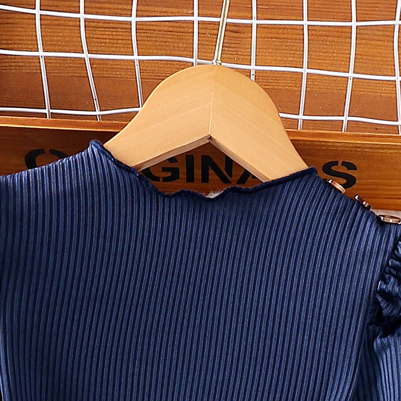 Girls Navy Blue & White Ribbed Round Neck Top with Skirt
