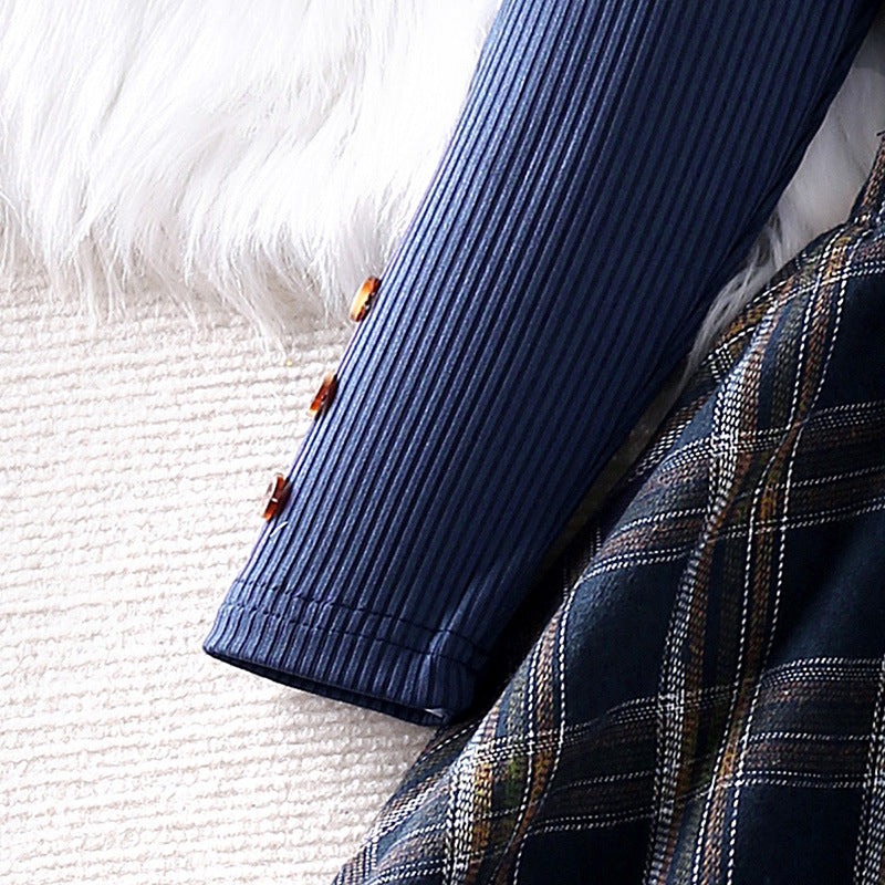 Girls Navy Blue & White Ribbed Round Neck Top with Skirt