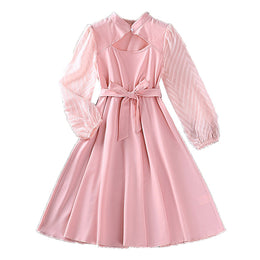Pink Girls Puff Sleeve Fit & Flare Dress