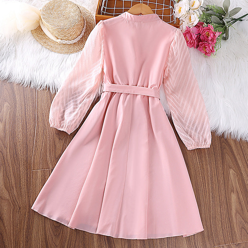 Pink Girls Puff Sleeve Fit & Flare Dress