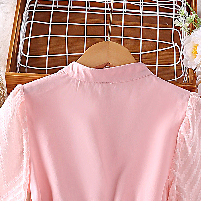 Pink Girls Puff Sleeve Fit & Flare Dress