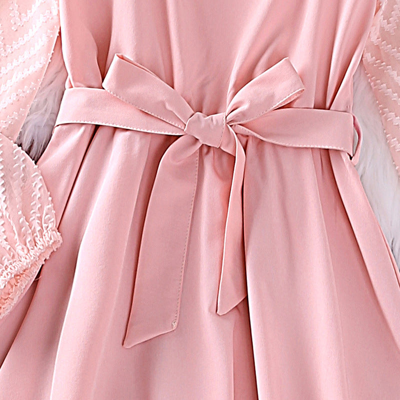 Pink Girls Puff Sleeve Fit & Flare Dress