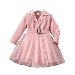 Pink Girls Shirt Collar Shirt Dress With Belt