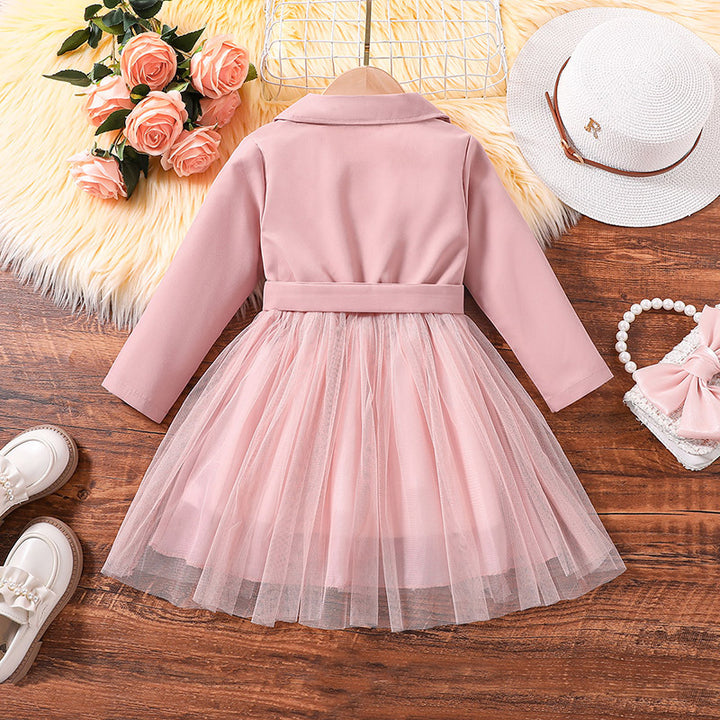 Pink Girls Shirt Collar Shirt Dress With Belt