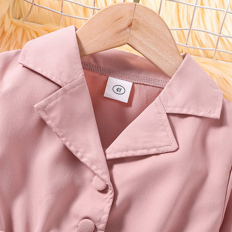 Pink Girls Shirt Collar Shirt Dress With Belt