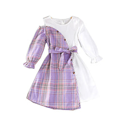 Purple Girls Checked Bell Sleeves Tie Up  A-Line Dress With Belt