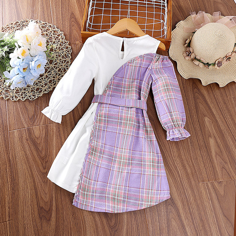 Purple Girls Checked Bell Sleeves Tie Up  A-Line Dress With Belt