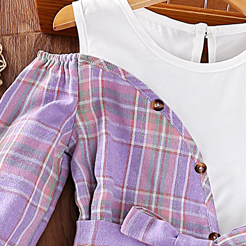 Purple Girls Checked Bell Sleeves Tie Up  A-Line Dress With Belt