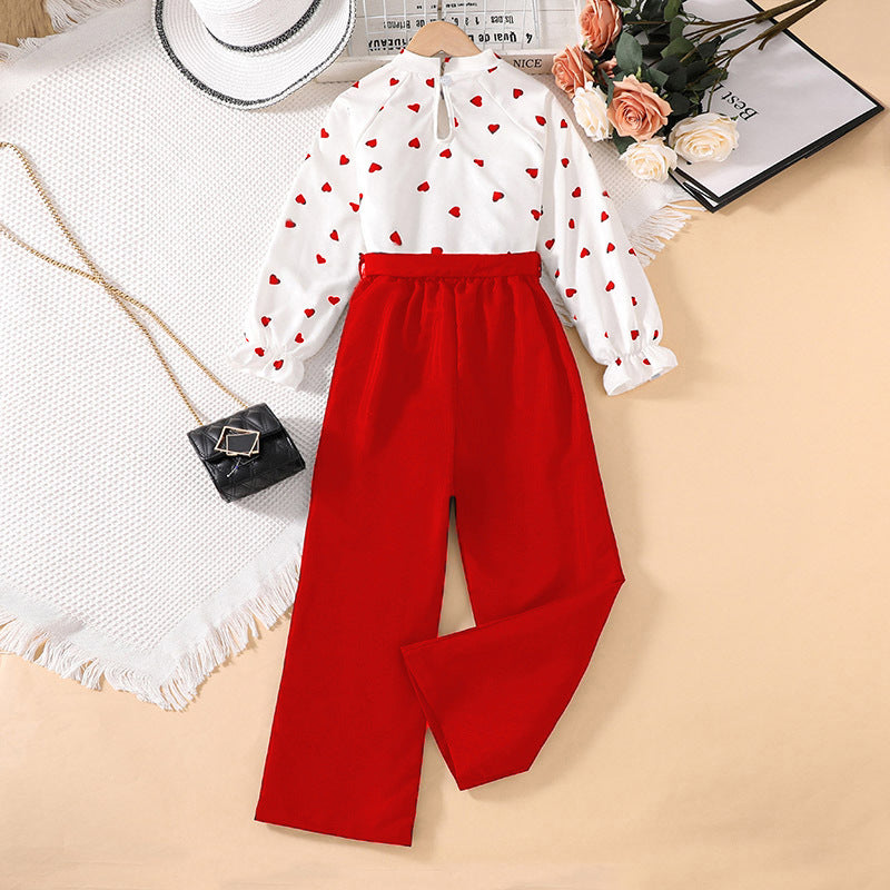 Girls Red & White Printed Top with Pyjamas