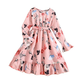 Pink Girls Floral Printed Bell Sleeves Tiered Detail A-Line Midi Dress With Belt