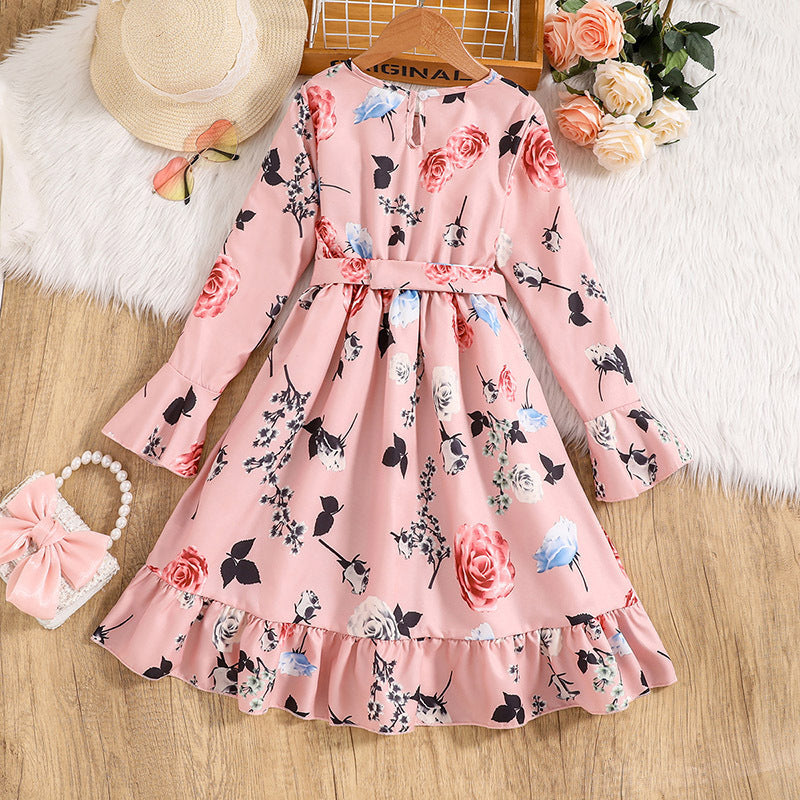 Pink Girls Floral Printed Bell Sleeves Tiered Detail A-Line Midi Dress With Belt