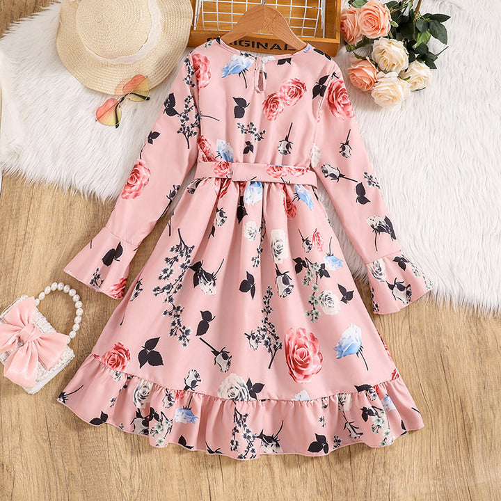Pink Girls Floral Printed Bell Sleeves Tiered Detail A-Line Midi Dress With Belt