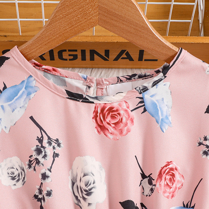 Pink Girls Floral Printed Bell Sleeves Tiered Detail A-Line Midi Dress With Belt