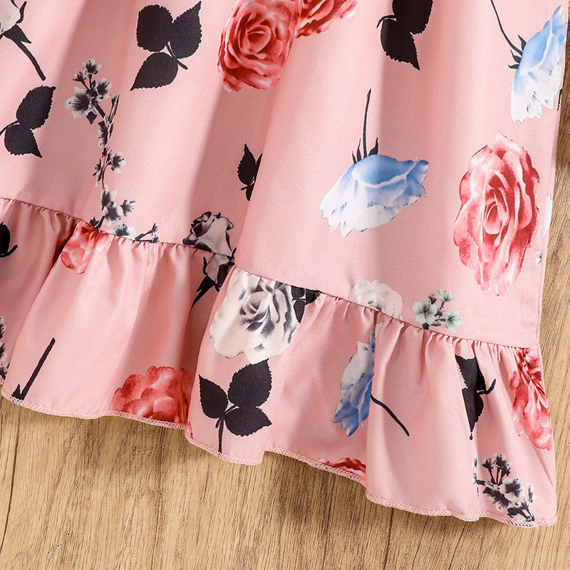 Pink Girls Floral Printed Bell Sleeves Tiered Detail A-Line Midi Dress With Belt
