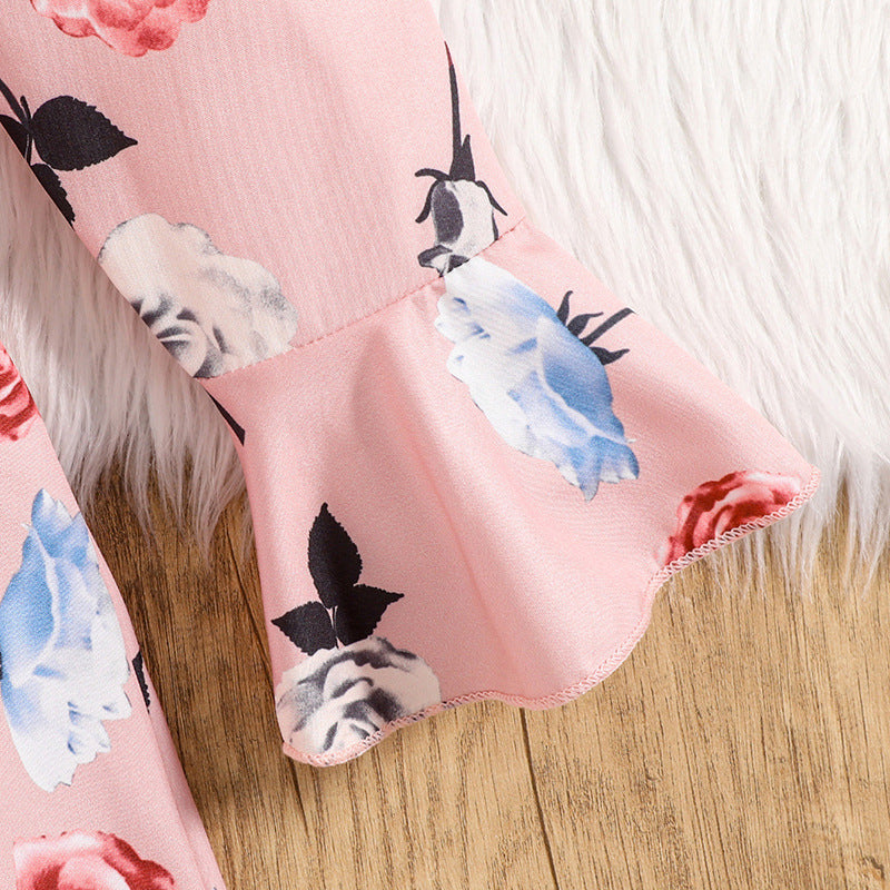 Pink Girls Floral Printed Bell Sleeves Tiered Detail A-Line Midi Dress With Belt