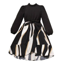 Girls Black Striped High Neck A-Line Midi Dress