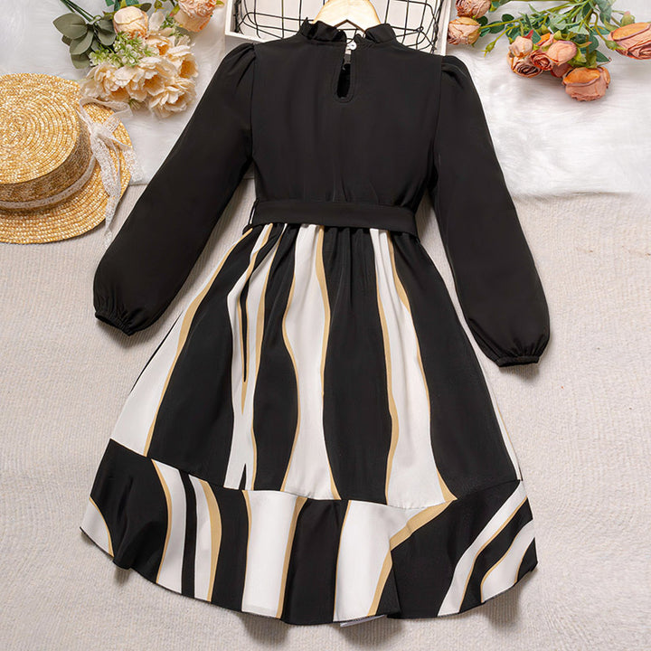 Girls Black Striped High Neck A-Line Midi Dress