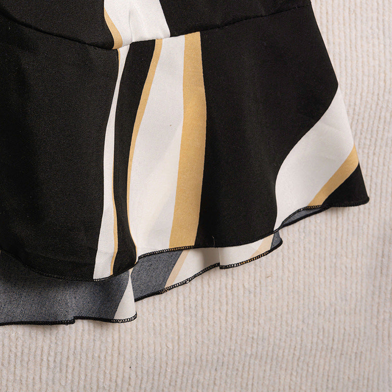 Girls Black Striped High Neck A-Line Midi Dress