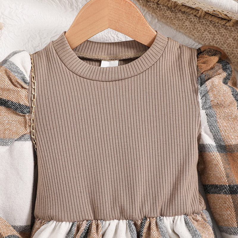 Girls Brown Checked Fit & Flare Dress