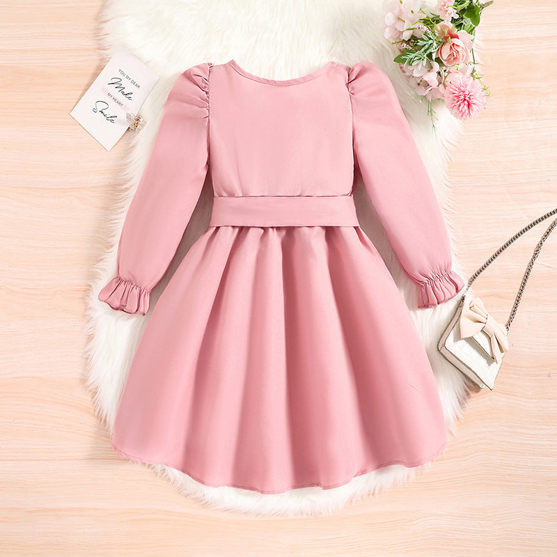 Pink Girls Puff Sleeve Fit & Flare Dress