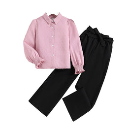 Girls Pink & Black Self Design Top with Trousers