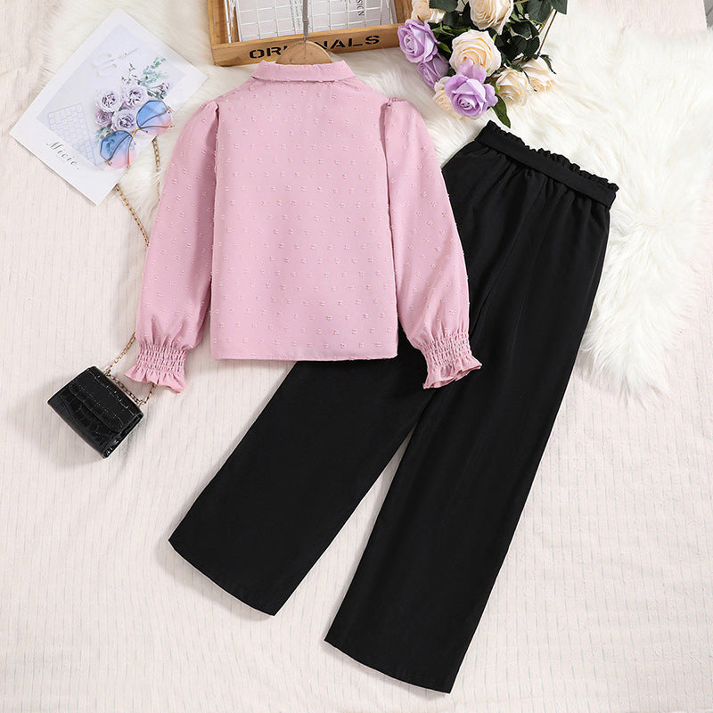 Girls Pink & Black Self Design Top with Trousers