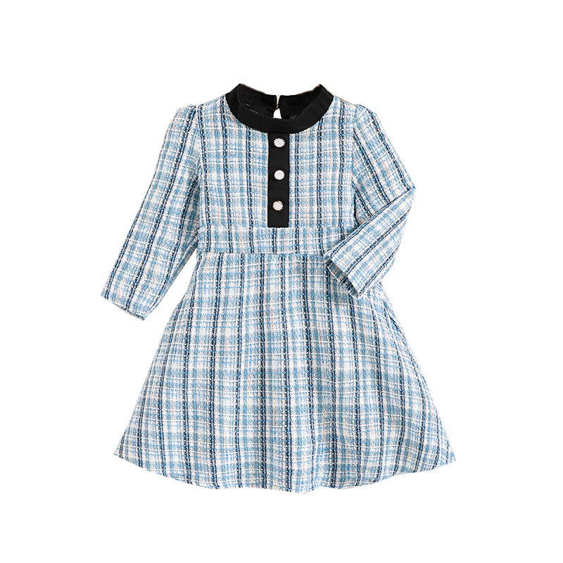 Girls Blue Checked Mock Neck Fit & Flare Dress