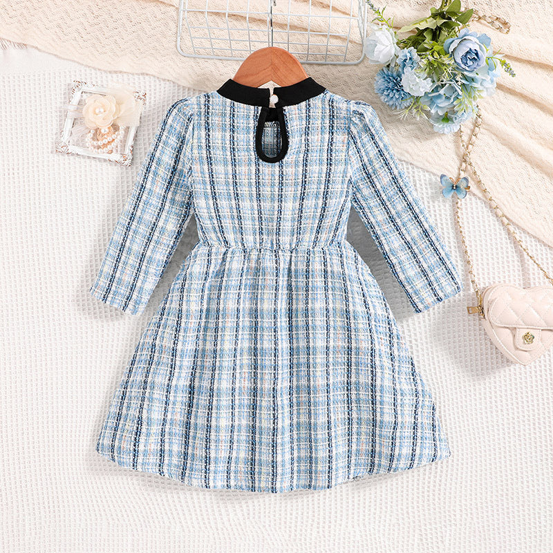 Girls Blue Checked Mock Neck Fit & Flare Dress