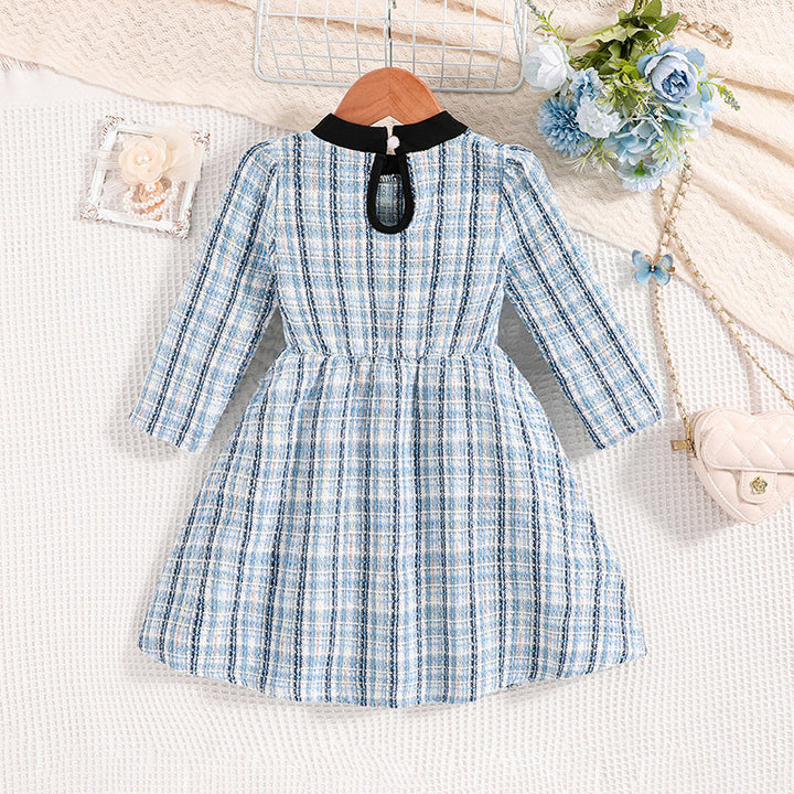 Girls Blue Checked Mock Neck Fit & Flare Dress