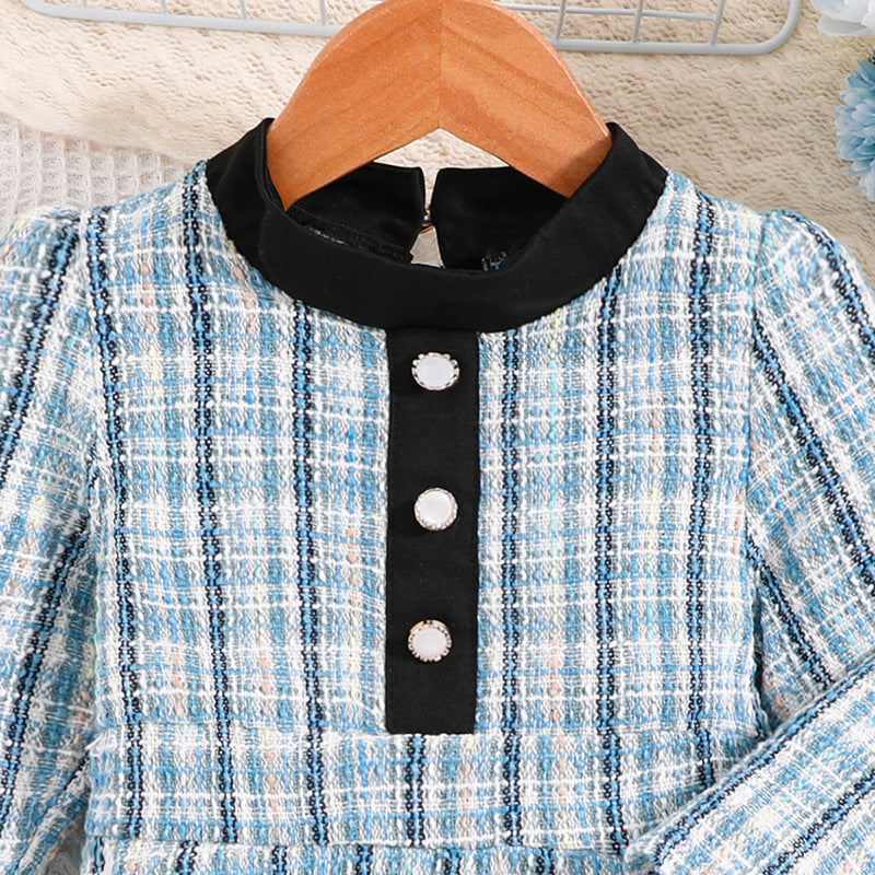 Girls Blue Checked Mock Neck Fit & Flare Dress
