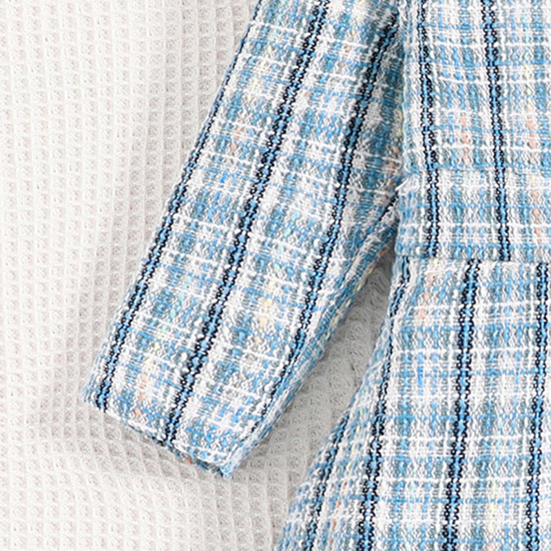 Girls Blue Checked Mock Neck Fit & Flare Dress