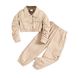 Girls Khaki Shirt Collar Shirt with Trousers