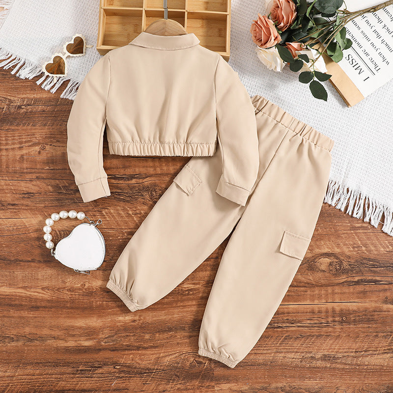 Girls Khaki Shirt Collar Shirt with Trousers