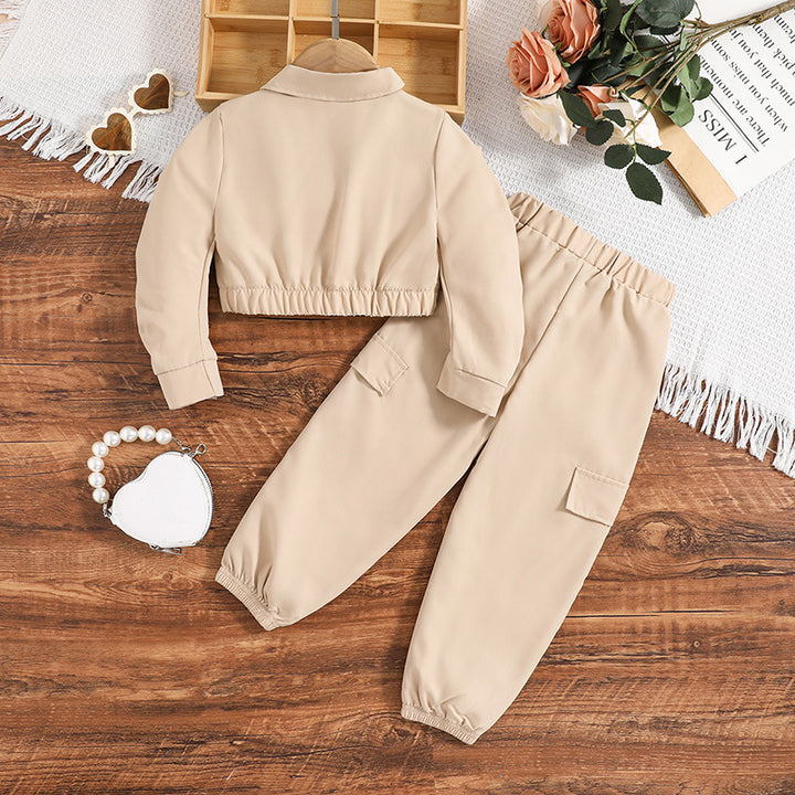 Girls Khaki Shirt Collar Shirt with Trousers
