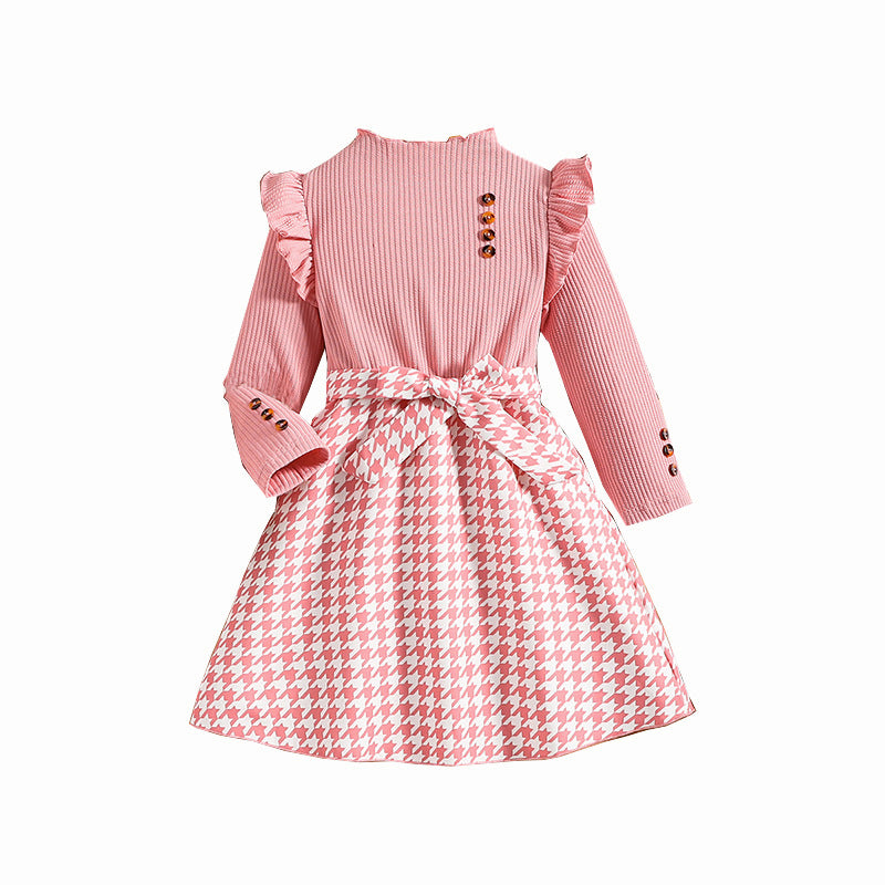 Girls Pink Checked Mock Neck Cold-Shoulder Sleeves A-Line Dress