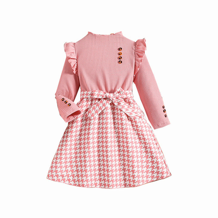 Girls Pink Checked Mock Neck Cold-Shoulder Sleeves A-Line Dress