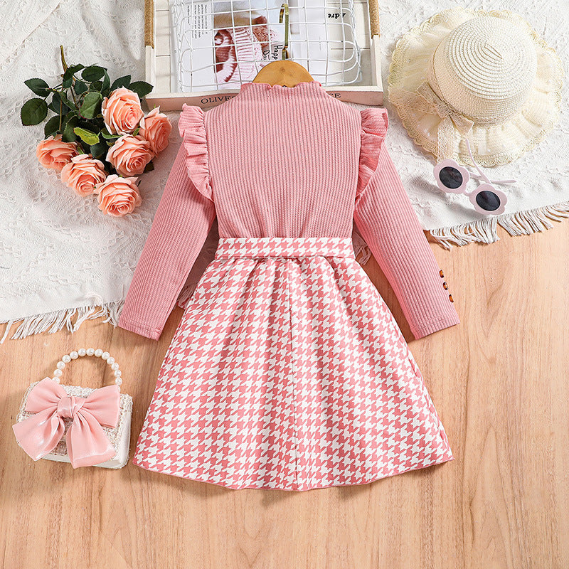Girls Pink Checked Mock Neck Cold-Shoulder Sleeves A-Line Dress