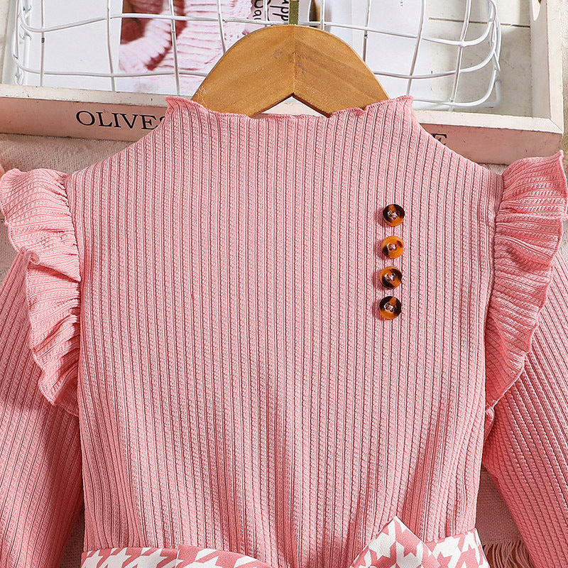 Girls Pink Checked Mock Neck Cold-Shoulder Sleeves A-Line Dress