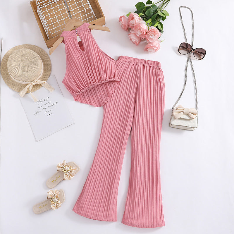 Girls Pink Striped Accordion Pleated Top with Palazzos