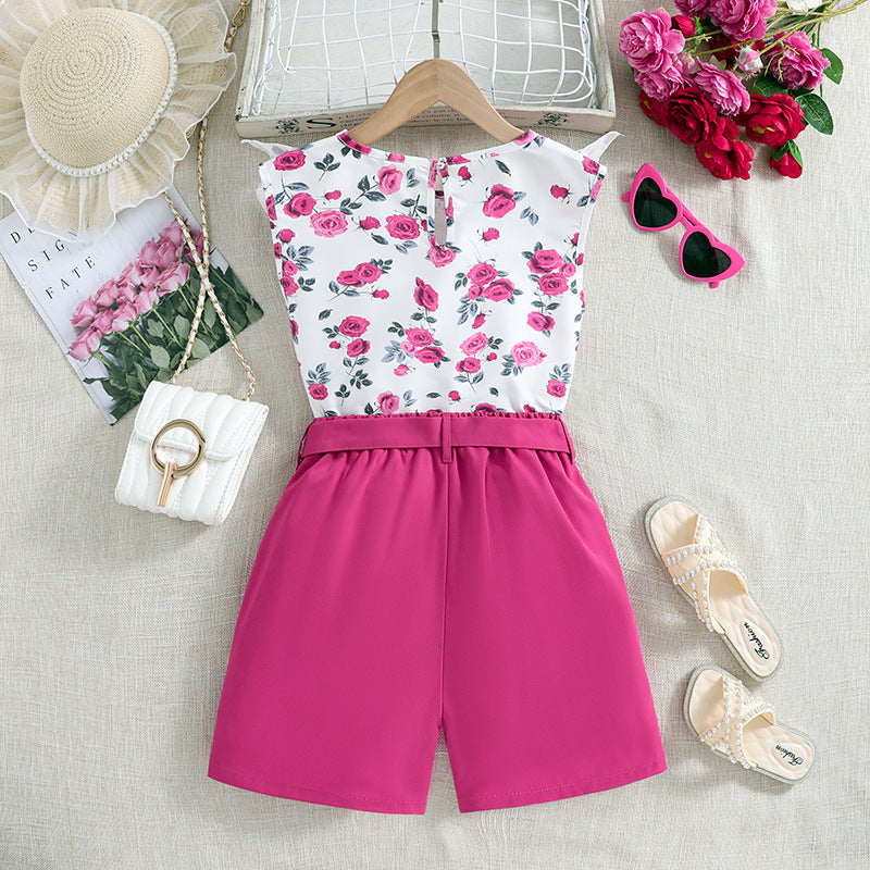 Girls Fuschia Floral Printed Top with Shorts