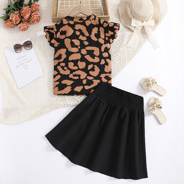 Girls Brown & Black Printed Top with Skirt