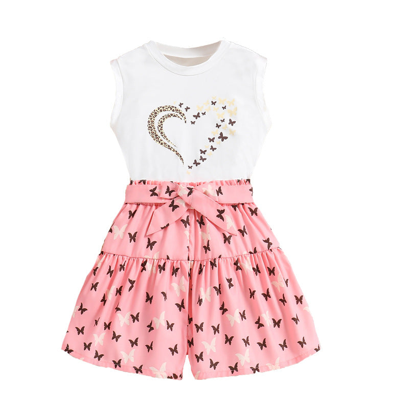 Girls White & Pink Printed Top with Shorts