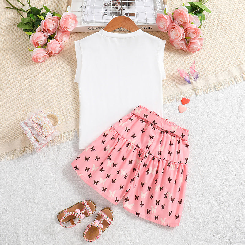 Girls White & Pink Printed Top with Shorts