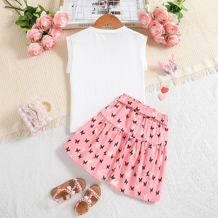 Girls White & Pink Printed Top with Shorts